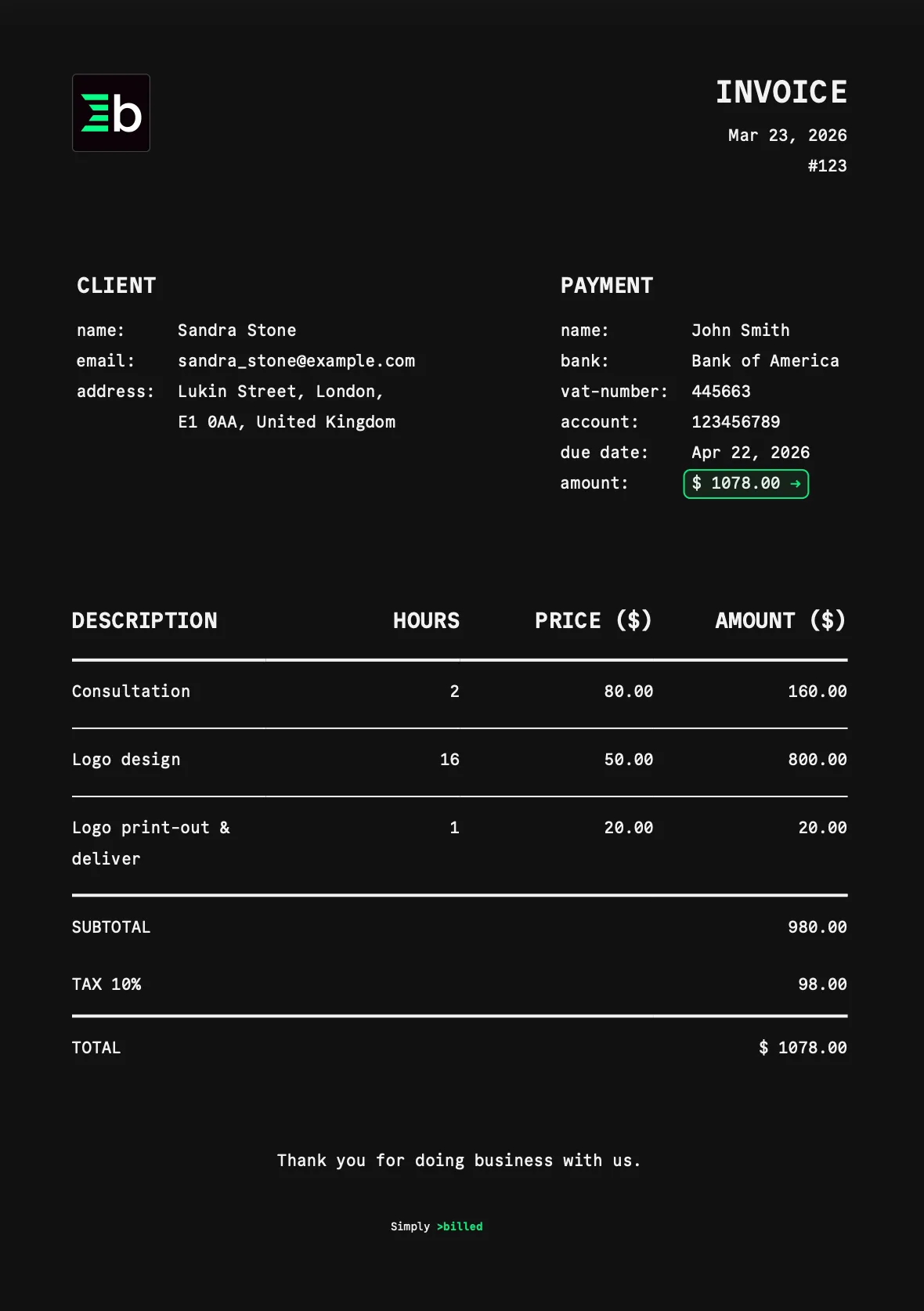 Dark theme invoice