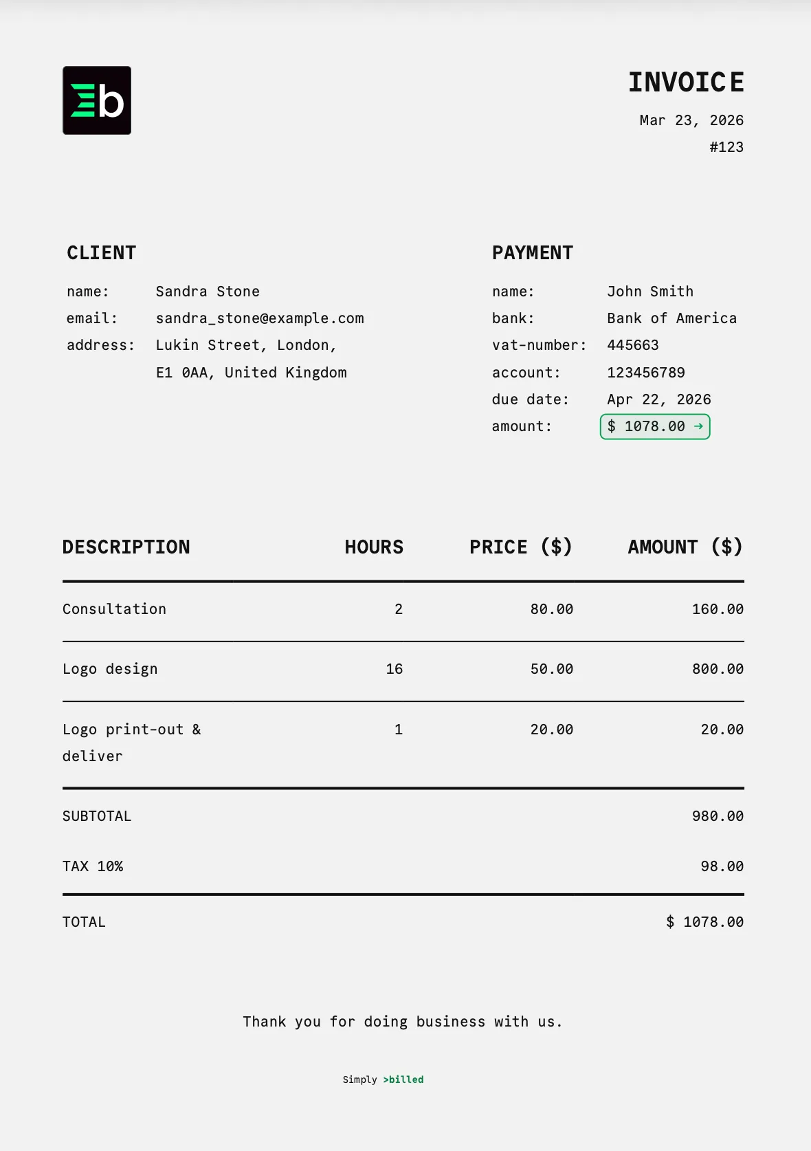Light theme invoice
